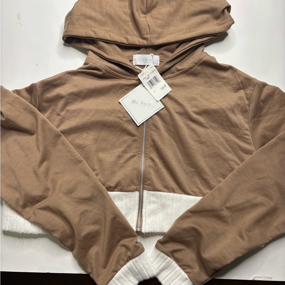 Tan and White Cropped Hoodie Jacket
